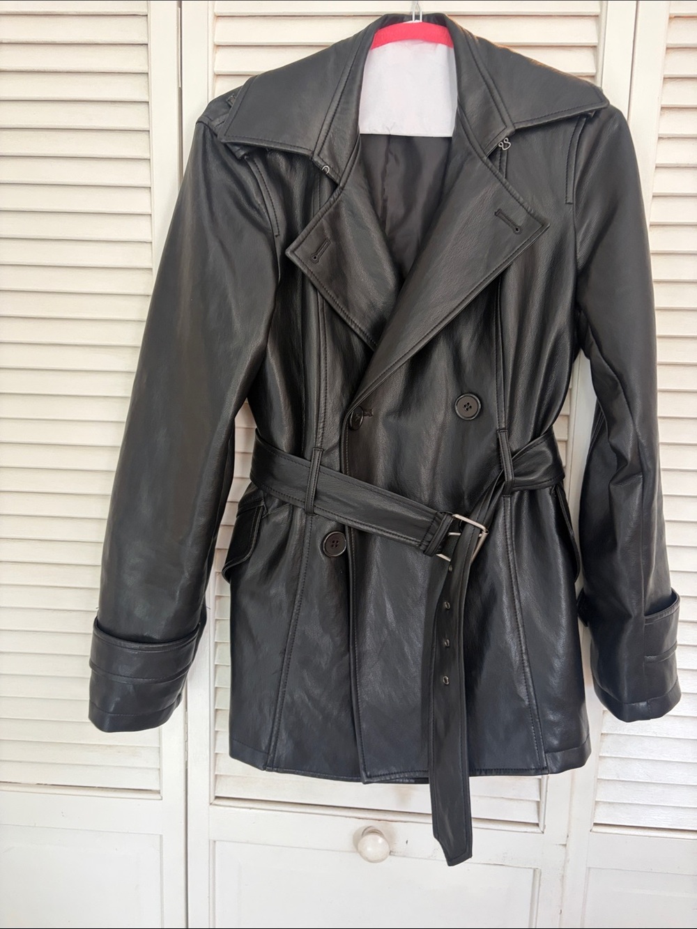 Max Studio Black Leather Double-Breasted Trench Coat with Belt